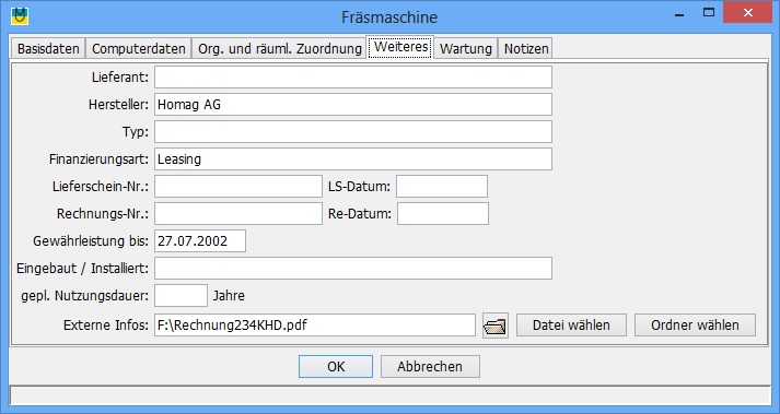 Lieferant, Hersteller, Typ, Finanzierungsart, Gewhrleistungsende, eingebaut / installiert, Inventur-Datum