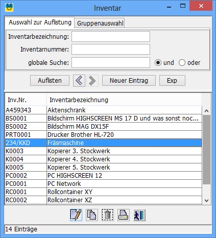 Auflistung gesuchten Inventars