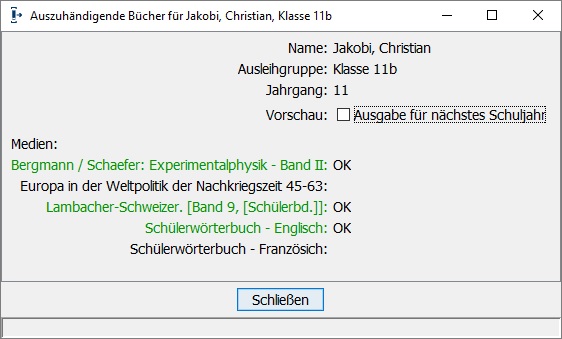 Auszuhndigende Bcher fr den Schler
