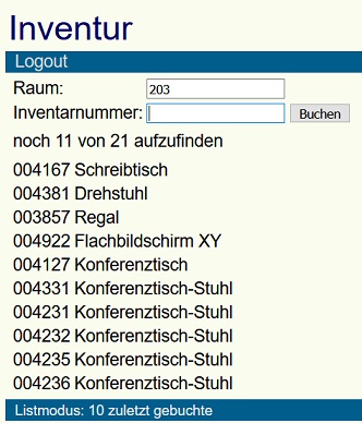 Inventurliste, letzte 10 Buchungen